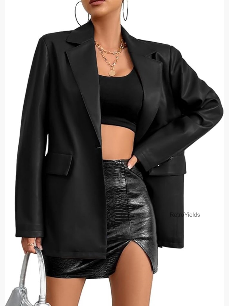 Faux Leather Blazer Jacket Moto Biker Coat Long Sleeves Button
